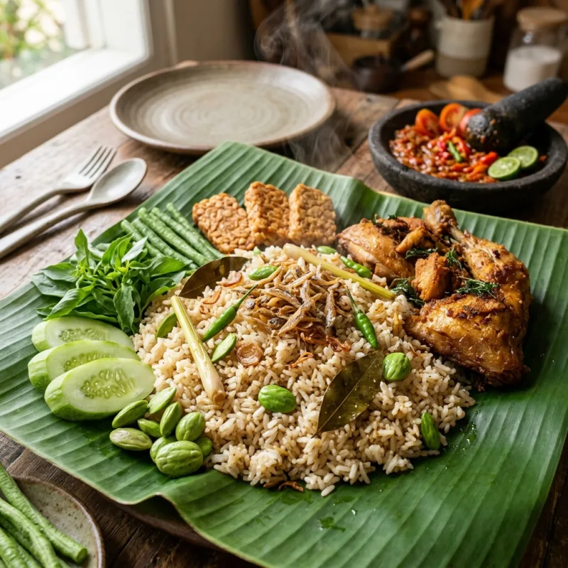 Authentic Sundanese Nasi Liwet served on banana leaves with side dishes and sambal