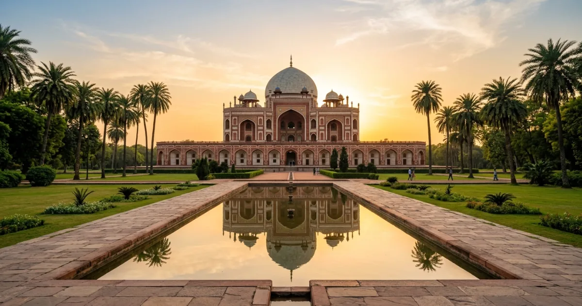 Humayun's Tomb red sandstone facade reflected in the garden water channel during golden hour in New Delhi.