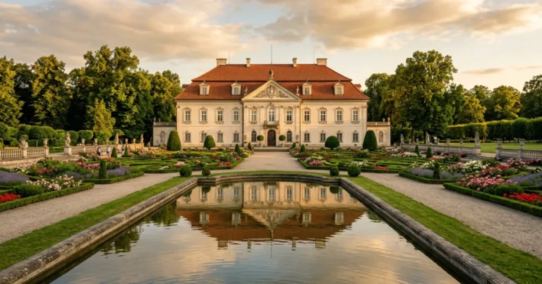 Nieborow 3 Baroque facade and formal French gardens of Nieborow Palace in Poland