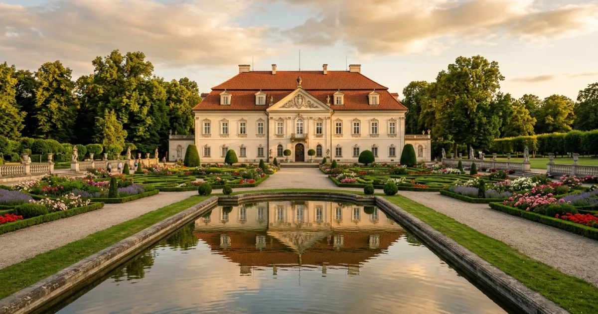 Baroque facade and formal French gardens of Nieborow Palace in Poland