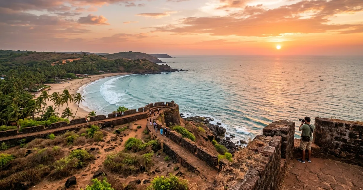 Panoramic view of Chapora Fort overlooking Vagator Beach in North Goa at sunset