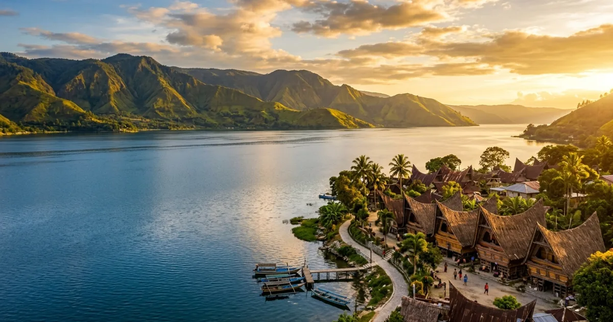 Panoramic view of Lake Toba and volcanic mountains in North Sumatra