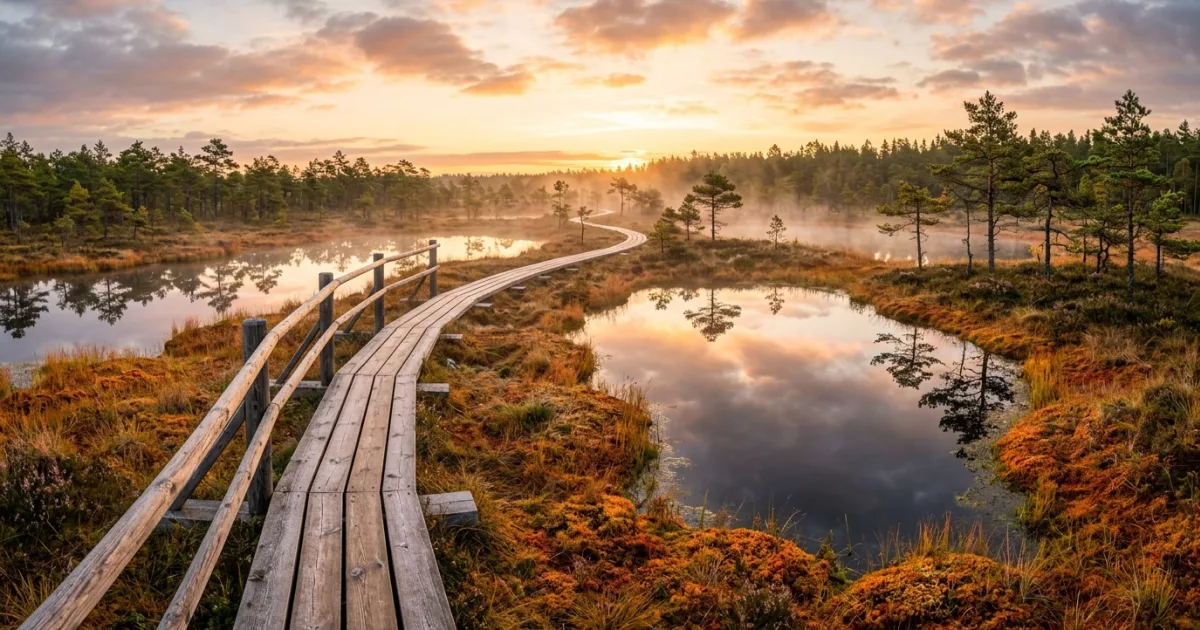 Wooden boardwalk traversing the misty Viru Bog wetland at sunrise in Northern Estonia