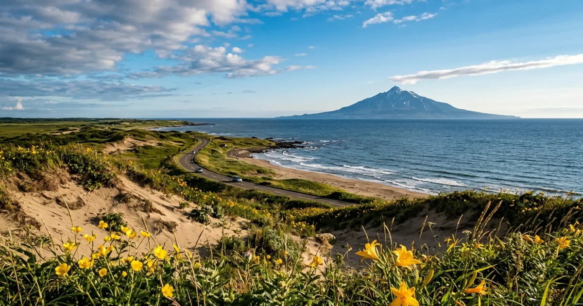 Panoramic view of Northern Hokkaido coast with Mount Rishiri in the distance