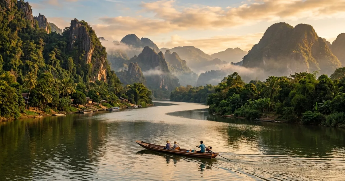 Scenic wide angle view of the Nam Ou river and limestone mountains in Northern Laos