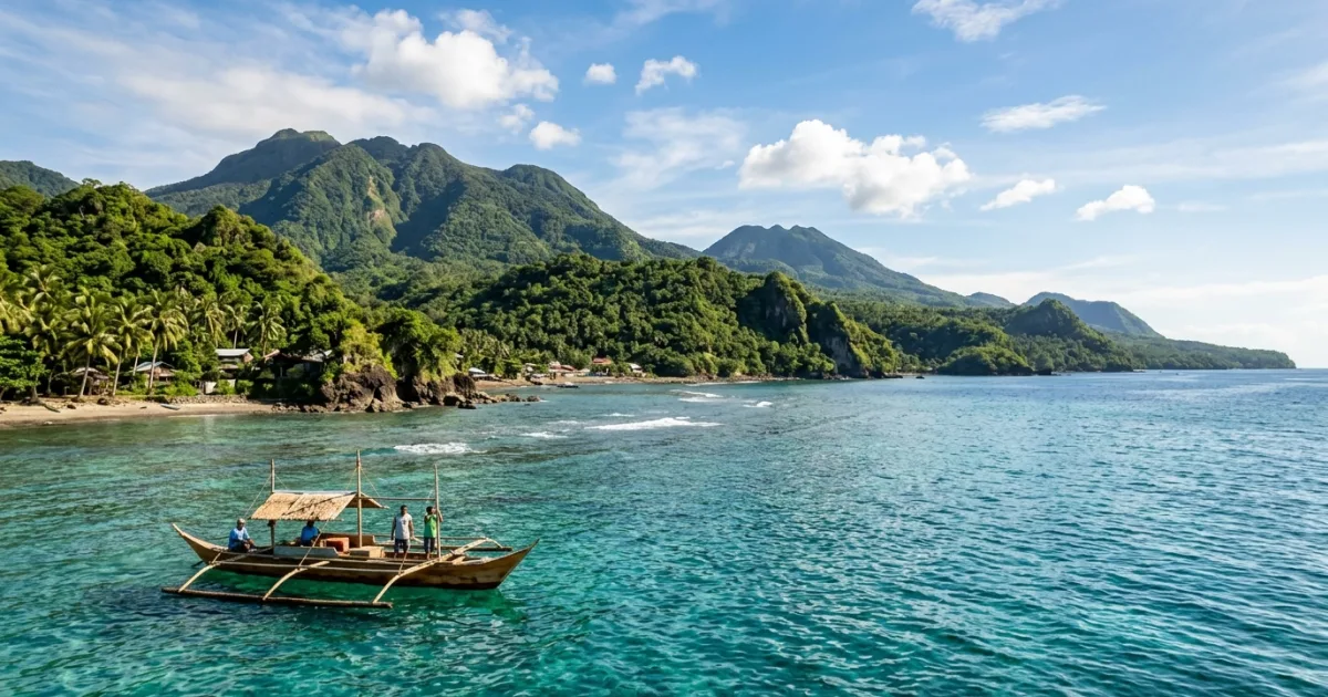 Panoramic view of Northern Mindanao coastal waters with lush green volcanic mountains