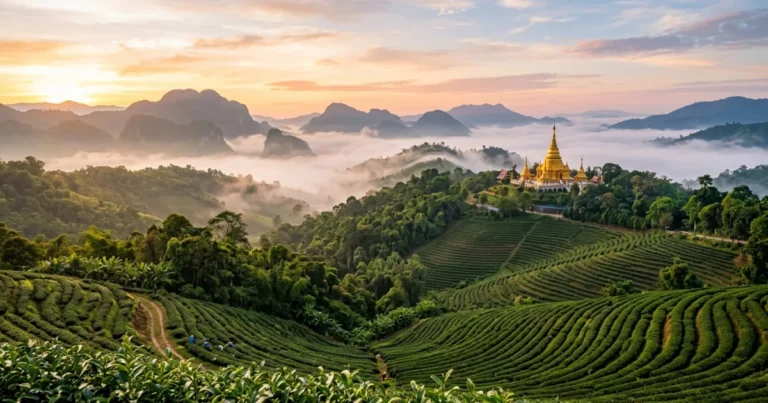 Northern Thailand 5 Panoramic view of misty mountains and golden temple stupa in Northern Thailand at dawn