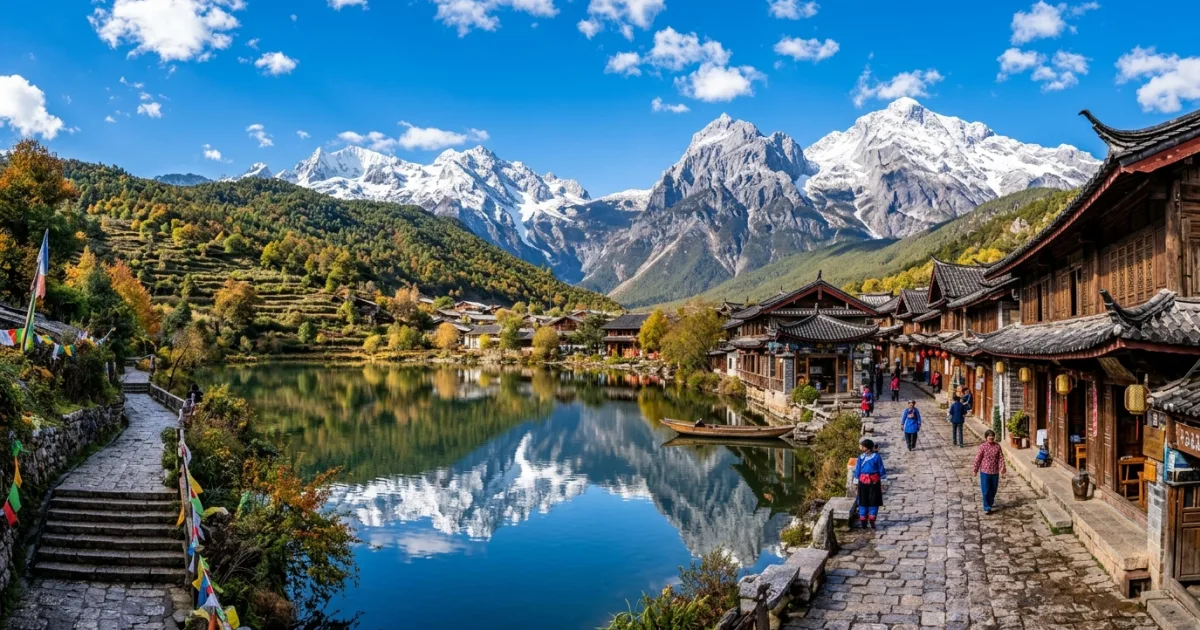 Panoramic landscape of Northwest Yunnan showing snow-covered mountain peaks and traditional historic village architecture
