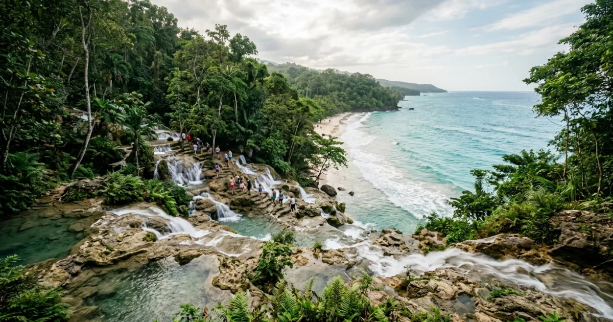 Wide-angle view of Dunn's River Falls flowing into the sea in Ocho Rios, Jamaica