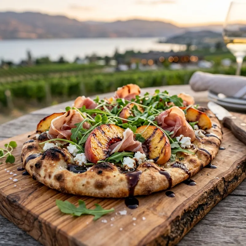 Okanagan peach and prosciutto gourmet flatbread on a wooden board overlooking a Kelowna vineyard