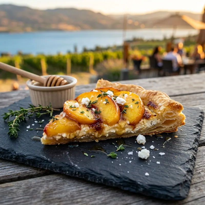 Fresh Okanagan peach and chèvre tart served on a vineyard patio