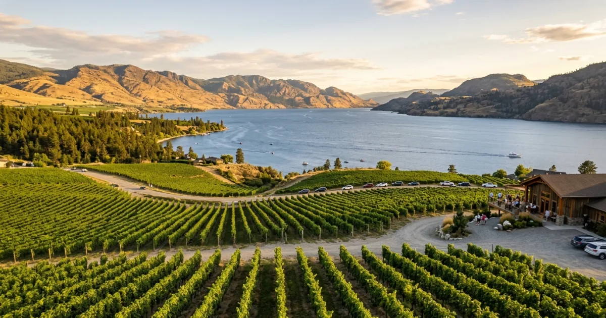Panoramic view of vineyards overlooking Okanagan Lake in British Columbia