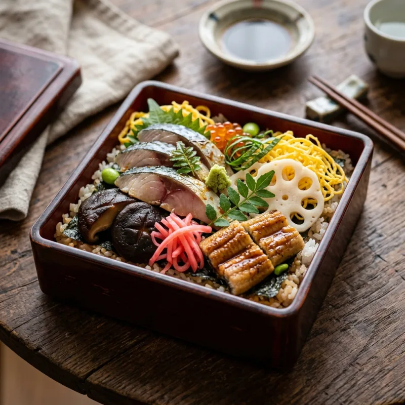 Authentic Okayama Barazushi bowl served with local seafood and vegetables