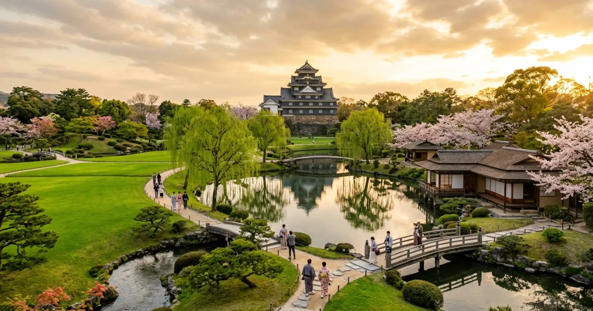 Panoramic view of Koraku-en Garden and Okayama Castle in Okayama Prefecture Japan