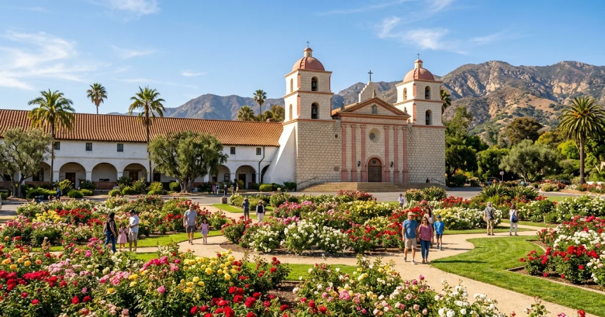 Old Mission Santa Barbara facade with rose garden in the foreground