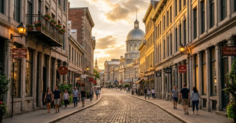Old Montreal 1 Cobblestone street lined with historic stone buildings in Old Montreal