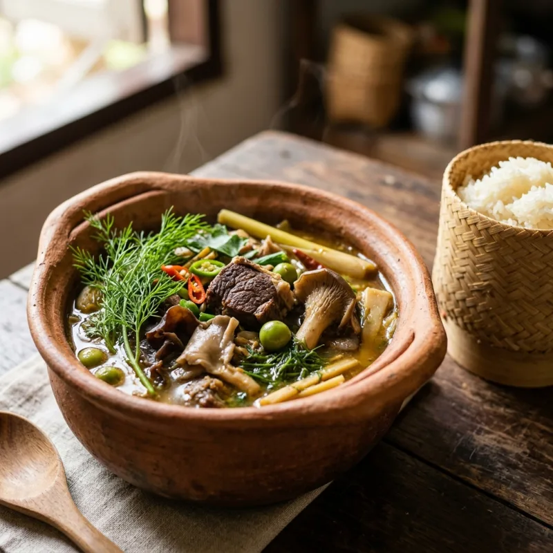 Authentic Lao Or Lam herbal stew served with sticky rice in a woven basket