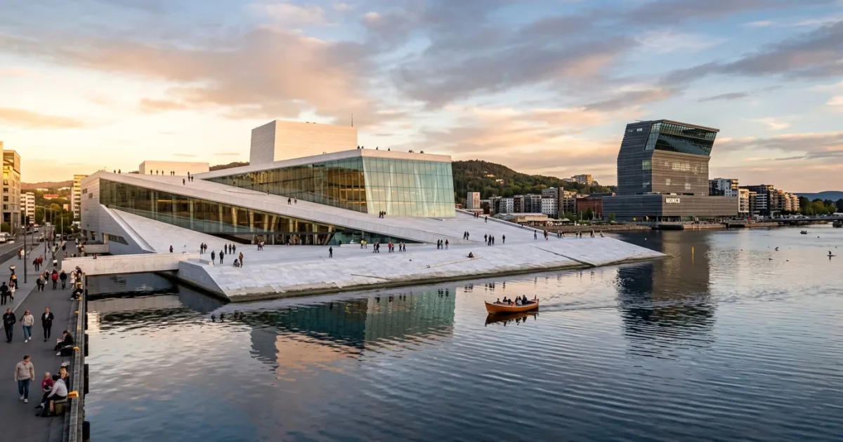 Panoramic view of the Oslo Opera House and Munch Museum on the Oslofjord at sunset