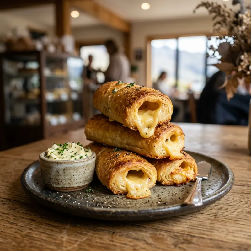 Golden brown toasted Otago cheese rolls served on a ceramic plate with melted cheese filling