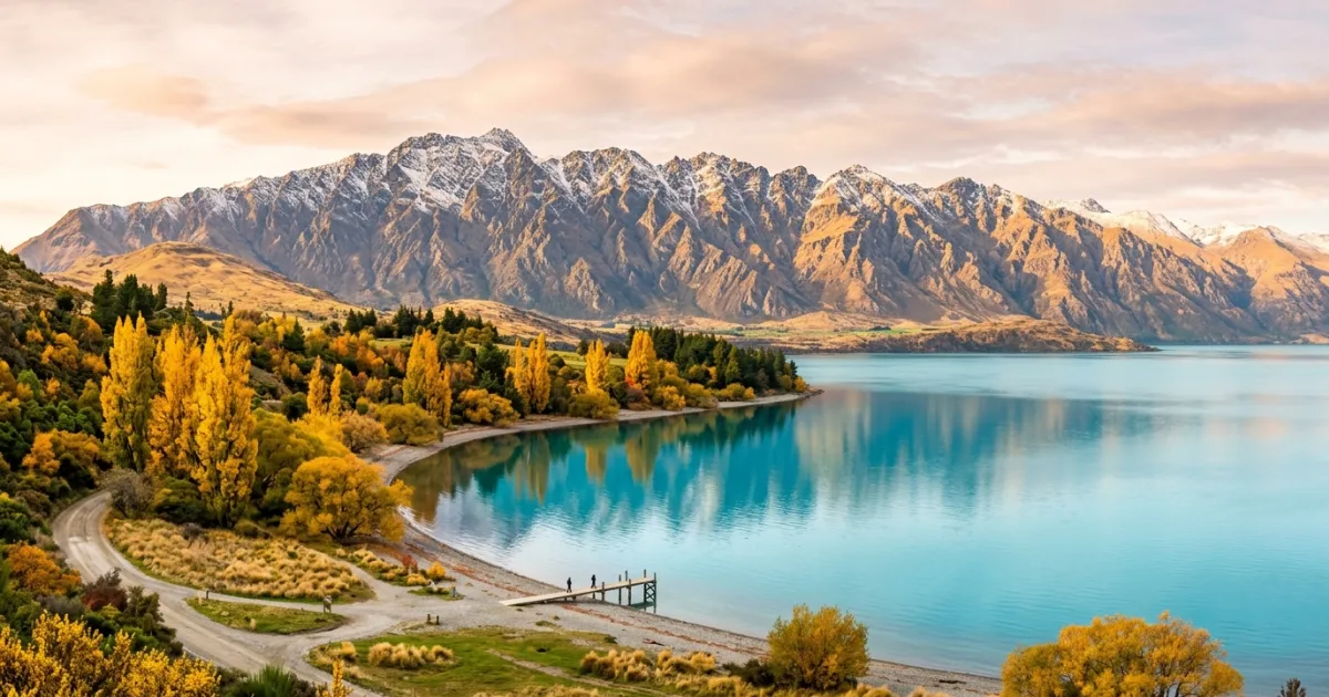Panoramic view of Lake Wakatipu and The Remarkables mountain range in Otago New Zealand
