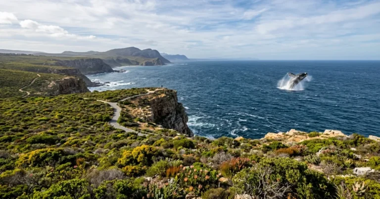 Overberg 1 Scenic view of the Overberg coastline with a breaching whale
