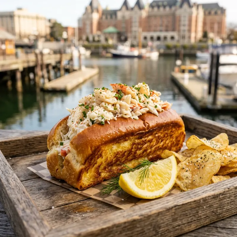 Fresh Pacific Dungeness crab roll in a brioche bun served near Victoria Inner Harbour