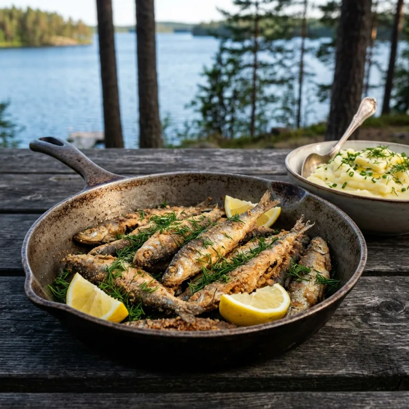 Golden-brown pan-fried Lake Saimaa vendace served with fresh dill and lemon