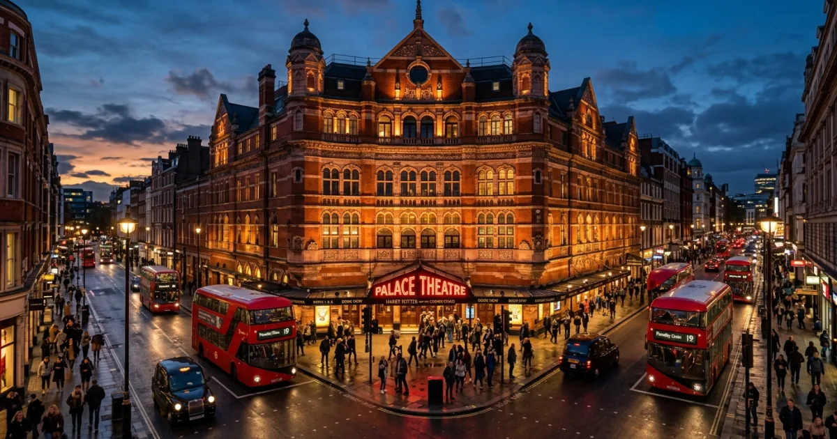 Illuminated exterior of the Victorian Palace Theatre on Shaftesbury Avenue in London at dusk