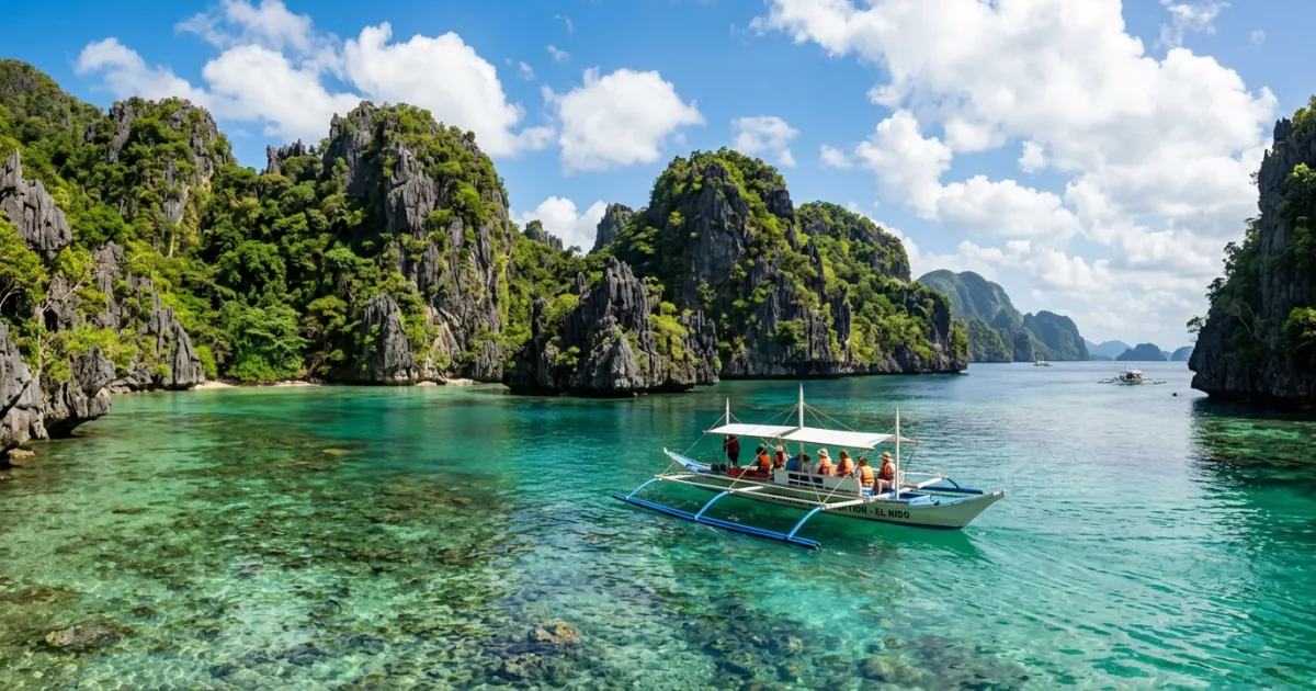 Limestone karst cliffs and clear turquoise waters in Palawan, Philippines