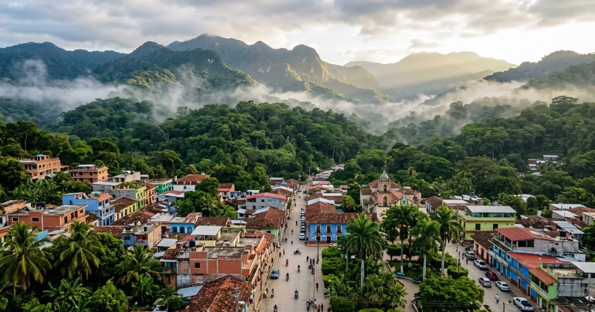 Panoramic view of Palenque Town surrounded by lush Chiapas tropical mountains and morning jungle mist