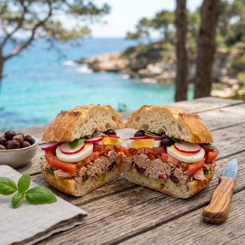 Authentic French Pan Bagnat sandwich served on a wooden table with Mediterranean sea background