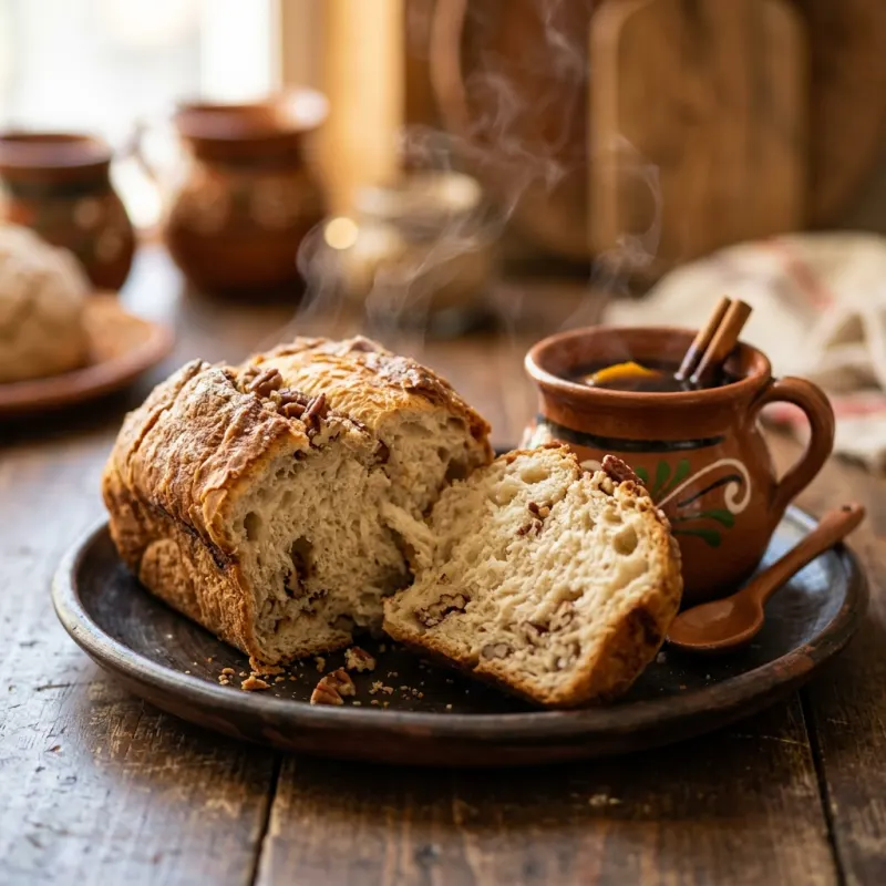 Freshly baked authentic Saltillo pan de pulque sweet bread on a traditional clay plate