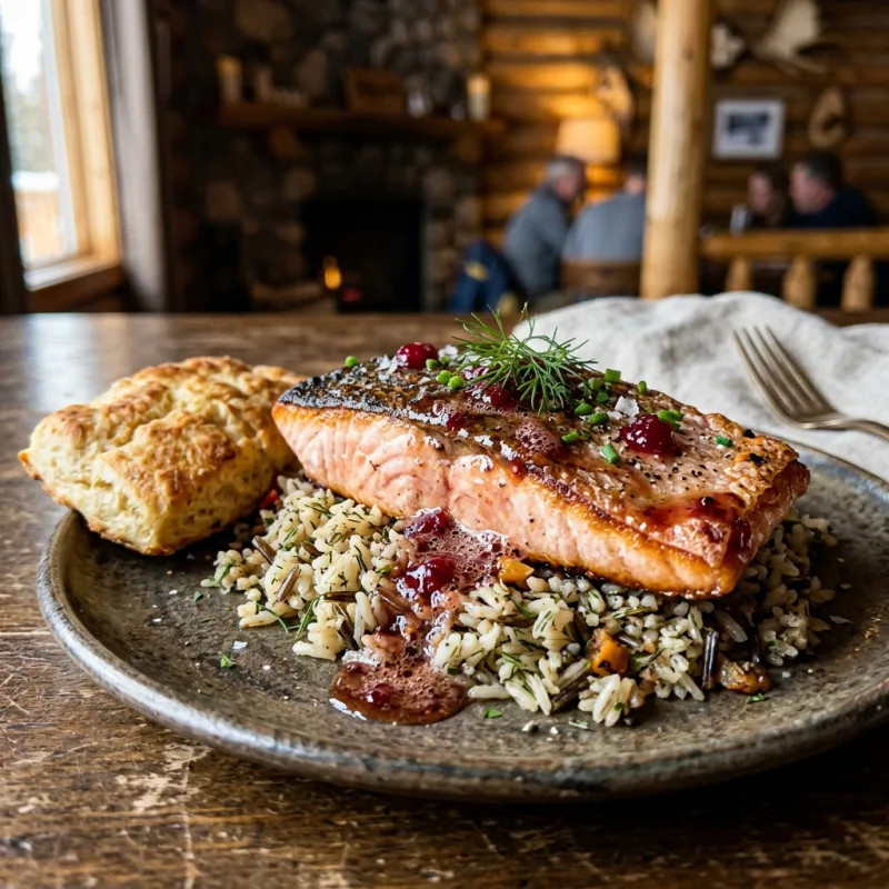 Freshly plated pan-seared Arctic char fillet with wild cranberry sauce and bannock