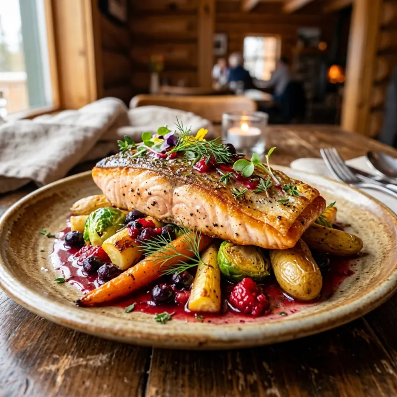 Pan-Seared Arctic Char with root vegetables and berry reduction