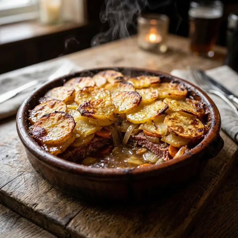 Traditional County Durham Panacalty potato and meat casserole in an earthenware dish