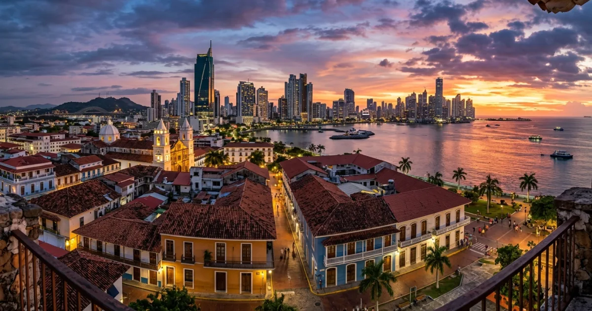 Panoramic view of Panama City skyline and Casco Viejo at sunset