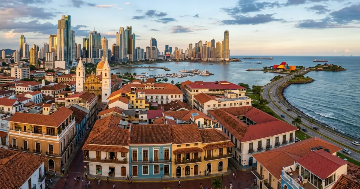 Panoramic view of Panama City skyline and Casco Viejo
