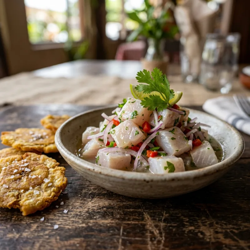 Fresh Panamanian corvina ceviche served with crispy plantain chips
