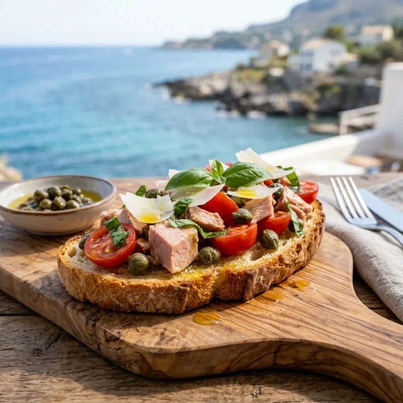Authentic Aeolian Pane Cunzato topped with tuna, capers, tomatoes, and cheese