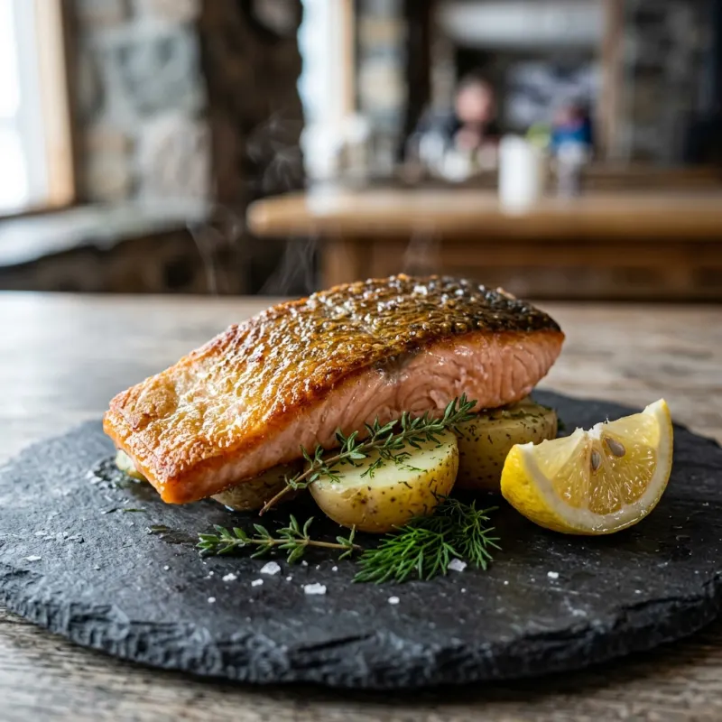 Pan-seared Pangnirtung Arctic char fillet on a slate platter
