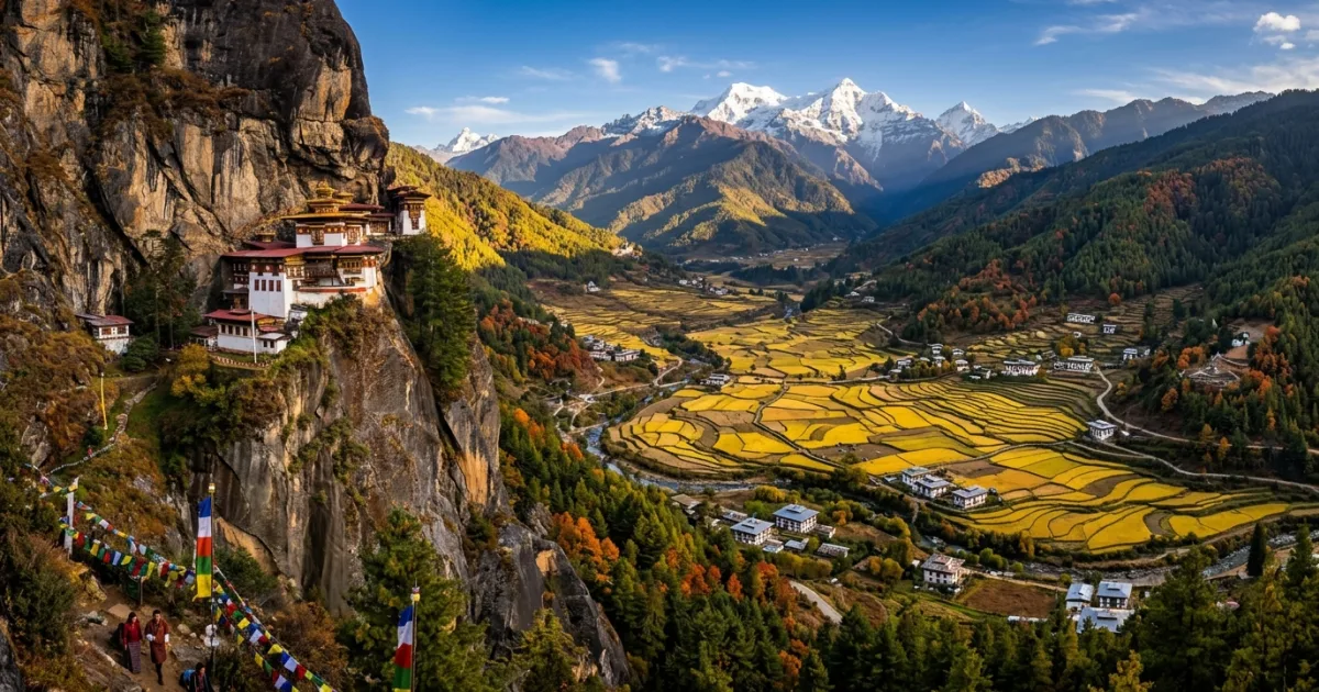 Panoramic view of Paro Valley and the cliffside Tiger's Nest monastery in Bhutan