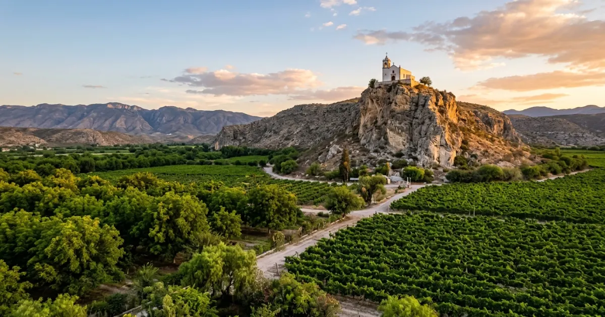 Panoramic view of Capilla del Santo Madero atop a cliff in Parras de la Fuente