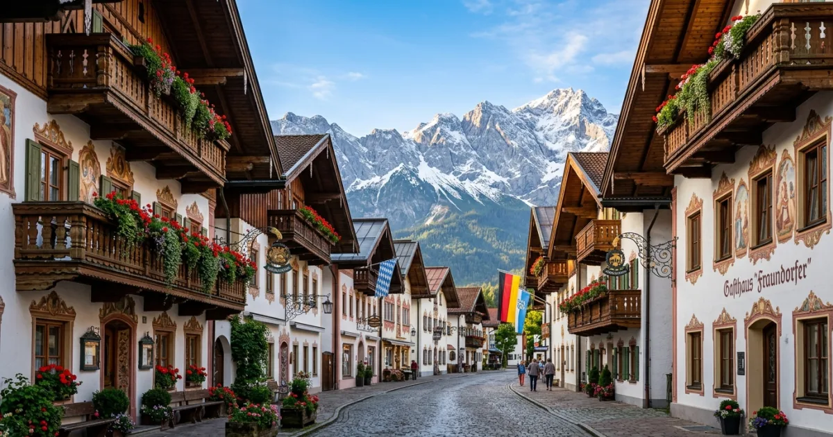 Frescoed alpine chalets along Ludwigstraße in Partenkirchen with the Bavarian Alps in the background