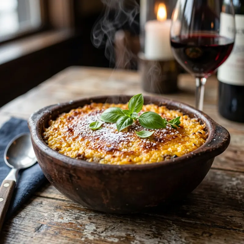 Authentic Chilean Pastel de Choclo in a traditional clay dish