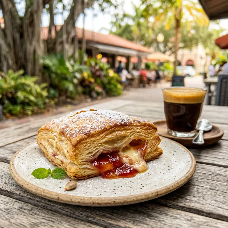 Golden Cuban guava and cream cheese puff pastry on a bistro plate