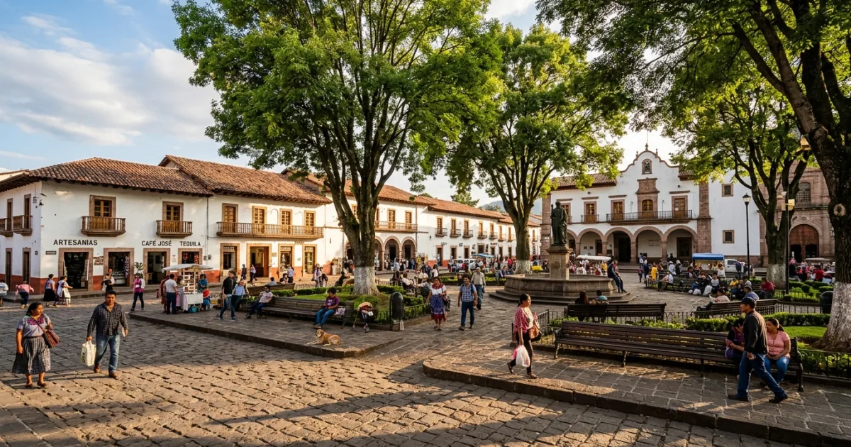 Plaza Vasco de Quiroga in Pátzcuaro Mexico with colonial buildings and green trees