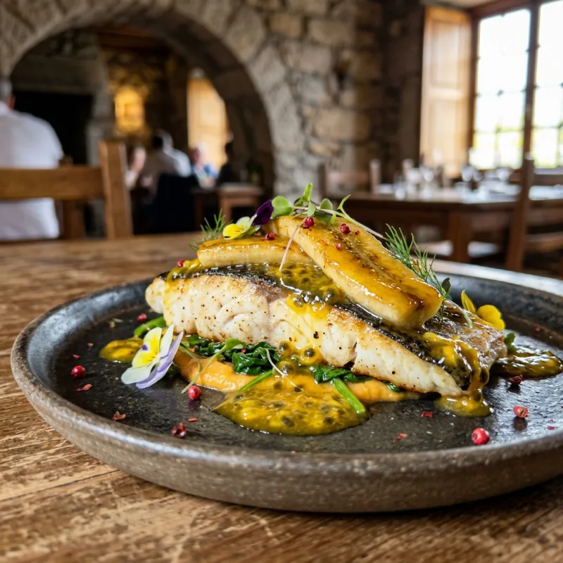 Traditional Madeiran black scabbardfish fillet served with pan-fried banana and passion fruit drizzle