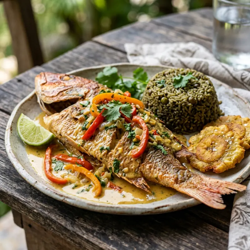 Pescado con Coco red snapper in coconut sauce with rice and tostones