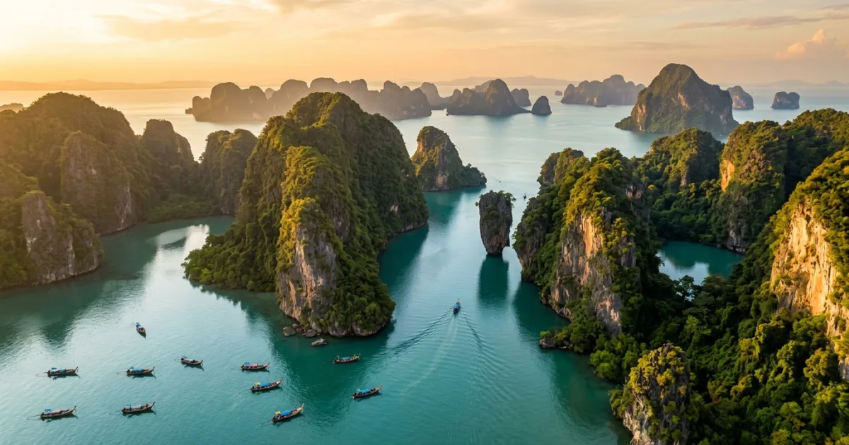 Aerial panoramic view of limestone karsts and turquoise waters in Phang Nga Bay Thailand