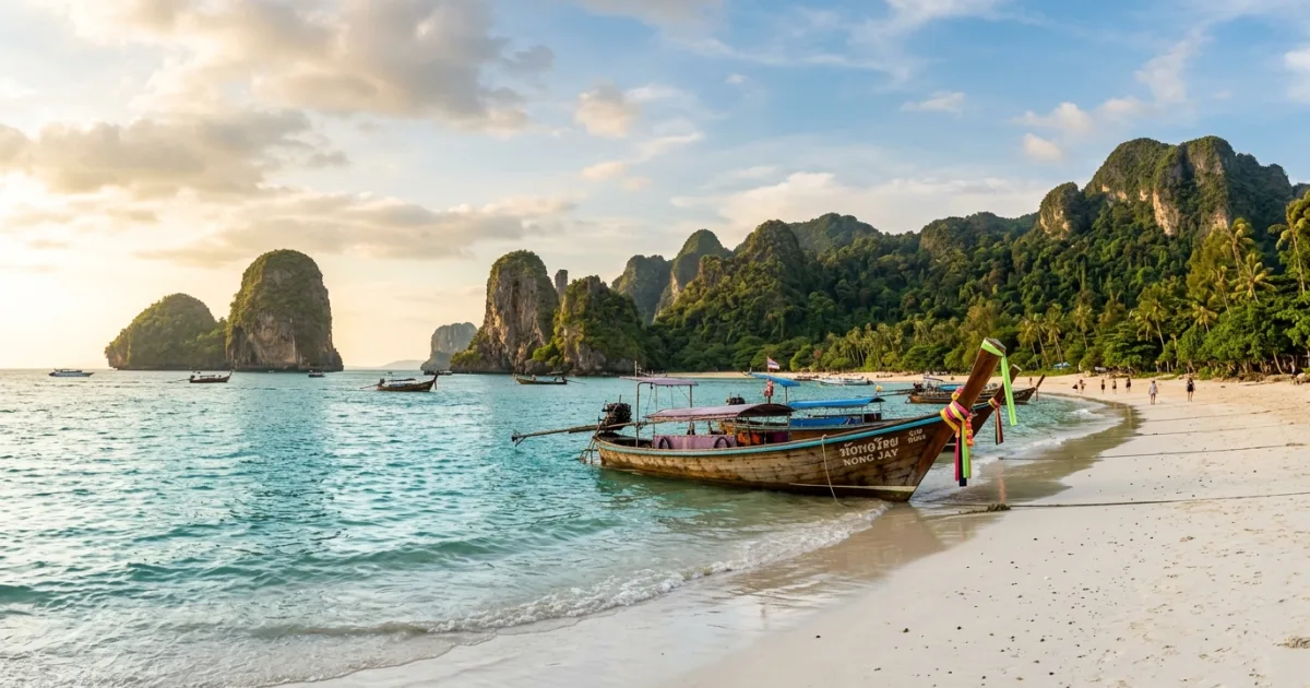 Scenic tropical beach in Phuket Thailand with turquoise sea and longtail boat
